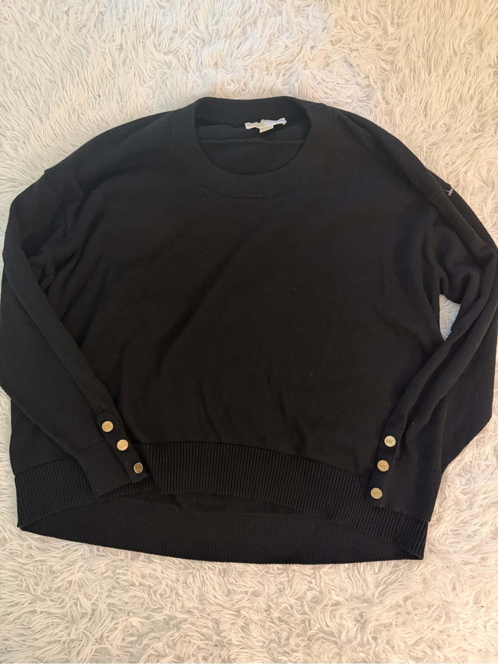 Michael Kors Black Sweater Oversized L Gold MK Button Cuffs Cotton Blend